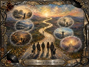 Five travelers walk along a winding road toward a radiant horizon, surrounded by dreamlike memory vignettes of buses, gatherings, crossroads, and solitary figures. Warm gold, blue, and earthy tones glow beneath dramatic clouds. Painterly textures create nostalgic optimism, while the ornate music-themed frame reinforces a journey toward an uncertain destination.