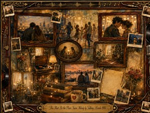 A warm nostalgic collage of intimate memories fills ornate rosewood frames: lovers embrace, dance beneath glowing lights, share quiet meals, and watch city sunsets. Amber, gold, rust, and deep brown tones create tender warmth, while soft painterly textures, vintage photographs, records, roses, instruments, and a decorative engraved title plate enrich the romantic atmosphere.