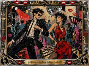 A stylish new-wave couple dances through a vibrant 1980s nightclub, surrounded by shadowy figures, speakers, sound waves, and a glittering disco ball. Bold reds, pinks, black, cream, teal, chrome, and gold create electric energy. Expressive acrylic textures, angular poses, pop-art lips, and the ornate musical frame heighten the playful, seductive mood.