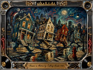 Surreal houses stride and tilt through a wet twilight city street, creating a quirky, restless sense of motion. Rich teal, blue, rust, cream, and gold acrylic textures glow beneath moonlight and warm windows. Musical notes, reflections, and warped architecture pulse within an ornate chrome-and-gold music-themed frame.