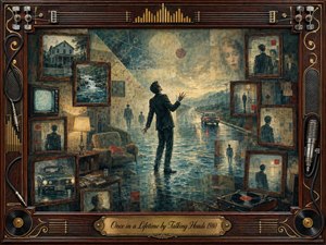 A solitary figure stands ankle-deep in reflective water as a surreal highway, living room, portraits, and distant mountains merge into one dreamlike memoryscape. Muted teal, amber, sepia, and gold tones create a nostalgic, questioning mood. Vintage frames, records, microphones, strings, and ornate woodwork surround the painterly composition.