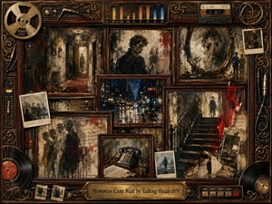 A haunting collage of faded memories fills overlapping rosewood frames, revealing shadowy figures, dim hallways, wet city streets, a staircase, telephone, and blurred portraits. Sepia browns, smoky blacks, crimson streaks, and cool blues create uneasy nostalgia, while painterly textures, dramatic lighting, vinyl records, tapes, cables, and ornate gold details enrich the frame.