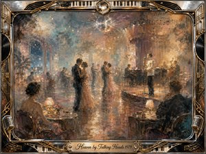 A dreamy vintage nightclub glows with warm amber, cream, and muted blue tones as couples dance beneath a shimmering disco ball and a lone singer performs onstage. Soft impressionistic brushwork, hazy reflections, candlelit tables, and ghostlike figures create a romantic, timeless mood, enclosed by an ornate chrome-and-gold musical frame.