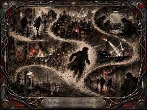 A shadowy runner moves through a fractured nighttime city, surrounded by S-curving vignettes of barricades, searchlights, radios, alleyways, and hurried figures. Moody black, charcoal, sepia, and warning-red accents intensify the tense atmosphere. Expressive ink washes, splatters, wet reflections, and an ornate industrial music-themed frame create a gritty cinematic collage.