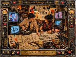 Two eccentric collaborators build their own television world inside a cluttered late-1970s studio, surrounded by vintage screens, keyboards, microphones, tapes, sketches, and guitars. Warm amber lighting meets vivid reds, blues, and blacks, creating playful creative urgency. Painterly textures, retro electronics, handwritten plans, and an elaborate metallic frame reinforce inventive rebellion.