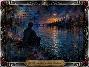 A solitary figure sits beside a twilight river, gazing toward a distant bridge and glowing city skyline. Deep blues, teals, violets, and amber reflections create a hypnotic, introspective mood. Painterly textures, musical notes, rippling circles, and surreal overlays enrich the scene, framed by chrome, gold filigree, roses, and music-inspired details.