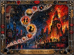 A fiery city skyline glows beneath a deep blue night, where feathered bubbles sweep in an S-curve through scenes of dancing, music, hearts, and romance. Vivid reds, oranges, golds, and neon reflections create energetic warmth. An ornate chrome-and-gold musical frame surrounds the expressive acrylic-and-ink composition.