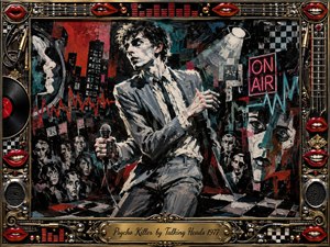 A tense new-wave performer grips a microphone beneath harsh stage lights, surrounded by fractured city imagery, anxious faces, checkerboard patterns, and a glowing ON AIR sign. Jagged expressionist brushwork in black, red, teal, white, and gray creates nervous energy, while ornate gold-and-chrome framing, vinyl records, cables, speakers, and vivid red lips intensify the theatrical unease.