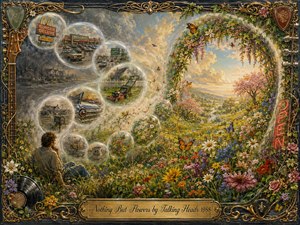 A richly textured floral landscape overtakes fading suburban memories, with translucent bubbles preserving glimpses of highways, shopping centers, cars, lawns, and consumer life. Warm golden sunlight illuminates wildflowers, butterflies, and distant hills, contrasting muted gray nostalgia. Ornate musical framing, vines, records, guitar details, and engraved title plate complete the painterly scene.