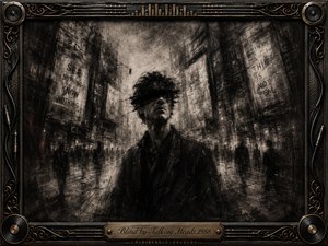 A solitary figure with eyes obscured by charcoal shadow stands in a fractured urban canyon, surrounded by ghostly crowds, distressed buildings, and cryptic signs. Smoky blacks, grays, and muted brass create an anxious, dreamlike mood. Dramatic chiaroscuro, scratched textures, ornate musical hardware, and an engraved title plate complete the gothic industrial composition.