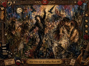 A wild nocturnal city-jungle scene erupts with dancing, romance, prowling animals, birds, and glowing skyscrapers beneath a full moon. Rich bronze, gold, black, crimson, and electric blue tones create a feverish rock-and-roll mood. Thick expressionistic textures, dramatic lighting, guitars, roses, microphones, memorabilia, and an ornate engraved frame complete the surreal composition.