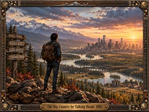 A lone traveler overlooks a vast river valley where forest, farmland, mountains, and a distant city converge beneath a fiery sunset. Warm golds contrast with cool blue peaks and dramatic clouds. Detailed painterly realism, rugged foreground rocks, railway bridges, wooden signs, and an ornate musical frame create reflective grandeur.
