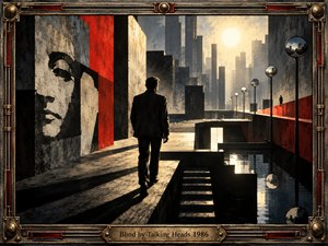 A lone man walks through a stark surreal city of towering concrete forms, reflective water, and distant shadowed figures. Harsh black, gray, red, and gold tones create an anxious dystopian mood, while low sunlight casts long shadows. Weathered industrial framing, mirrored spheres, and a monumental painted face intensify the cinematic tension.