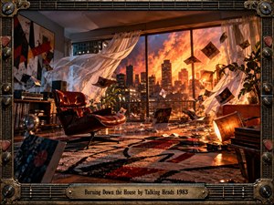 A turbulent modern loft opens onto a blazing city skyline, with wind-whipped curtains, scattered records, flying papers, and a leather chair anchoring the chaotic interior. Fiery orange light collides with deep shadows and cool urban tones, while a distressed metallic music-inspired frame intensifies the energetic, surreal, cinematic atmosphere.