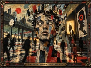 A fragmented cross-eyed figure dominates a surreal urban concourse, surrounded by blurred commuters, elevated walkways, clocks, stairs, and floating photographic panels. Muted ochre, black, blue, and red tones create nervous rhythmic tension, while reflective flooring and dramatic light enhance the cinematic collage style within an ornate industrial frame.