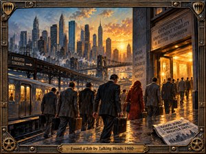 A stream of solemn commuters crosses a rain-slicked industrial city toward a glowing workplace, surrounded by trains, bridges, skyscrapers, and optimistic slogans. Golden sunset light contrasts with cool steel blues, creating uneasy hopefulness. Detailed painterly realism, mechanical framing, briefcases, gears, and propaganda-like signage reinforce themes of routine and conformity.