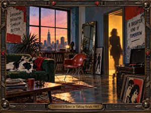 A retro 1980s loft glows with warm sunset light, balancing cool blue walls, red accents, records, plants, and a resting dog. A shadowy figure appears in a golden doorway, adding mystery and tension. Painterly textures, graphic posters, reflective flooring, and an ornate music-themed frame create a stylish, cinematic atmosphere.