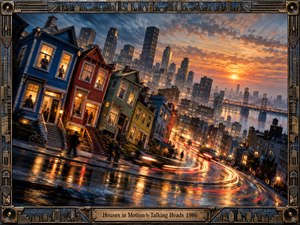 A tilted cityscape pulses with restless motion as colorful row houses lean beside rain-slick streets, blurred figures, glowing windows, and sweeping traffic trails. Warm sunset orange clashes with deep blue shadows, while distant towers and bridges shimmer through haze. An ornate industrial frame reinforces the tense, rhythmic photographic atmosphere.