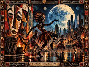 A masked dancer commands a fiery moonlit gathering in a futuristic city, surrounded by rhythmic figures, drums, towering murals, and glowing architecture. Deep blues, black, orange, and red create a hypnotic nocturnal mood, while reflective pavement, dramatic firelight, geometric patterns, and an ornate metallic frame intensify the ritualistic painted composition.