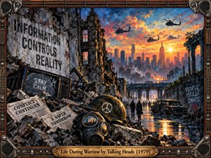 A war-torn city stretches toward a glowing sunset skyline beneath circling helicopters. Rubble, a gas mask, battered helmet, abandoned vehicle, propaganda messages, and shadowy pedestrians create an atmosphere of surveillance and uneasy survival. Rich orange and blue light reflects across flooded streets in a detailed, cinematic painted style.
