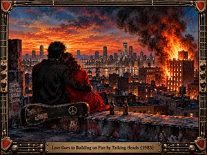 A couple embraces on a weathered rooftop overlooking a glowing city as a distant building burns fiercely beneath a dramatic sunset. Deep blues, fiery oranges, and reflected lights create romantic tension. A battered guitar case, bottles, graffiti, bridge, and ornate musical frame enrich the expressive painterly scene.