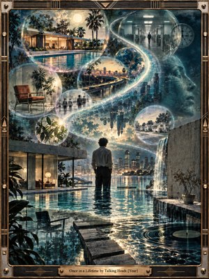 A solitary figure stands waist-deep in reflective water beneath a surreal cityscape, surrounded by glowing memory bubbles, modern architecture, clocks, and drifting urban fragments. Cool blues, silver light, and warm gold highlights create a dreamlike, introspective mood, while the flowing S-curve composition suggests disorientation, repetition, time, and self-discovery.