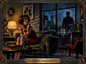A tense woman in a red dress sits on a green sofa inside a dim retro apartment while a shadowy figure looms beyond the window. Warm amber lamplight contrasts with the cold blue city night. Dramatic shadows, vintage furnishings, records, and expressive oil-painted textures create an ominous cinematic atmosphere.