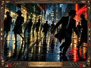 A shadowy man in a dark suit and hat moves through a rain-soaked city street, surrounded by blurred figures and warped reflections. Neon reds, golds, and cool blues shimmer across wet pavement beneath smoky night skies. The cinematic noir composition feels tense, rhythmic, mysterious, and electrically alive.