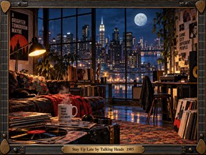 A richly detailed retro night loft overlooks a glowing city skyline beneath a bright moon. Warm amber lamps contrast with deep blue windows, while records, plants, posters, audio gear, a sleeping cat, and a steaming mug create an intimate after-hours mood. A metallic music-inspired frame and brass title plate complete the cinematic composition.