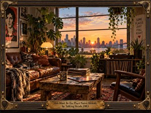 A warmly lit loft overlooks a glowing city skyline at sunset, creating an intimate, nostalgic sense of belonging. Lush plants, vintage furniture, records, soft textiles, and a sleeping cat fill the room with comfort. Golden light, earthy colors, cinematic realism, and an ornate musical frame reinforce the welcoming mood.