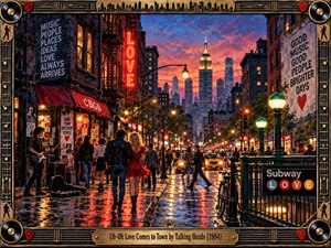 A lively painted city street glows beneath a vivid orange and blue dusk sky, where a couple walks through crowds, taxis, musicians, neon signs, and rain-slick reflections. Warm lights contrast with dark brick buildings, while an ornate music-themed frame of records, strings, picks, and brass surrounds the energetic romantic scene.
