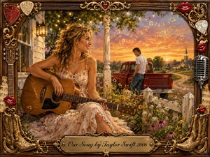 A smiling young woman with an acoustic guitar rests on a flowered country porch while a young man stands beside a vintage red pickup at sunset. Warm gold, amber, and rose light creates a tender, romantic mood. Painterly textures, glowing musical notes, wildflowers, ornate wood, gold filigree, cowboy boots, and microphone details frame the nostalgic scene.