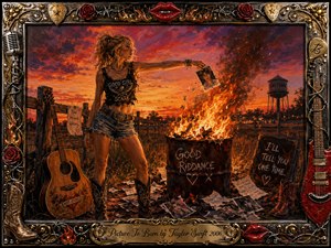 A defiant young woman stands beside a blazing burn barrel at sunset, casting a photograph into the flames amid scattered letters and memories. Fiery oranges, smoky reds, and dusky purples intensify the rebellious mood. Expressive acrylic textures, country guitars, cowboy details, and an ornate metallic frame complete the dramatic composition.