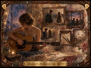 A young woman sits quietly on a bed, strumming an acoustic guitar beneath warm candlelight and a dusky blue window. Faded rosewood-framed memories surround her, suggesting unspoken longing and lost affection. Soft browns, blush pinks, amber highlights, and watercolor textures create a tender, nostalgic collage bordered by ornate guitar strings and golden details.