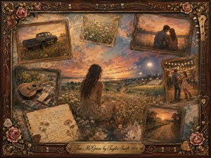 A young woman sits amid wildflowers overlooking a glowing rural sunset, surrounded by framed fragments of fading country memories: an old pickup, acoustic guitar, handwritten notes, dancing couples, and quiet roads. Warm amber, rose, blue, and sepia tones blend in painterly textures, enclosed by ornate rosewood, gold, roses, strings, and engraved titlework.