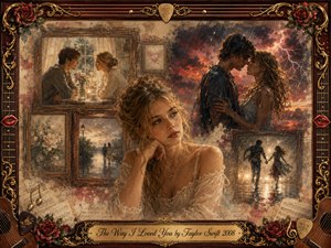 A wistful young woman rests amid layered memories of love, framed by intimate scenes of tenderness and stormy passion. Warm sepia, rose, gold, and charcoal tones contrast with dramatic lightning and rain. Painterly textures, ornate rosewood-and-gold framing, roses, guitar details, sheet music, and a graceful title plate deepen the nostalgic mood.