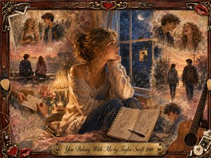 A young woman sits pensively beside a moonlit window, surrounded by softly fading memories of friendship and longing. Warm amber, rose, and midnight-blue tones blend through a nostalgic mixed-media collage, framed in ornate rosewood and gold. Gentle lamplight, handwritten sketches, romantic scenes, and an acoustic guitar create tender wistfulness.