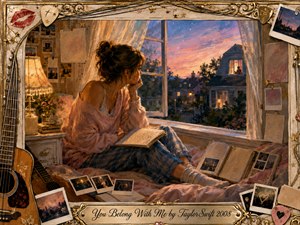A young woman sits dreamily beside an open bedroom window at twilight, gazing toward a warmly lit neighboring house. Soft pink, gold, and blue tones create a tender, yearning mood. Painterly textures, scattered Polaroids, notebooks, and an acoustic guitar enrich the nostalgic scene, framed by ornate musical details and an engraved title plate.