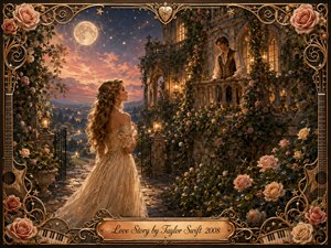 A romantic moonlit garden surrounds a grand rose-covered manor, where a woman in an ivory gown gazes toward a young man on a glowing balcony. Warm lanterns, blush roses, golden sunset tones, stars, and a luminous moon create a hopeful fairy-tale mood. Ornate gold musical filigree frames the richly detailed oil-painted scene.