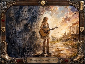 A determined young woman with an acoustic guitar stands between shadowy figures and a sunlit small-town street, symbolizing resilience and growth. Warm golds and soft creams contrast with smoky charcoal blues. Expressive painterly textures, glowing sunset light, musical frame details, cowboy boots, and the engraved title plate create a dramatic, hopeful composition.