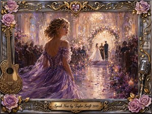 A luminous wedding hall glows with chandeliers, candles, and soft golden light as a woman in a flowing lavender gown watches a ceremony from the aisle. Romantic purples, blush roses, and warm metallic accents create wistful tension. Painterly textures, floral details, musical motifs, and an ornate engraved frame enhance the dramatic atmosphere.