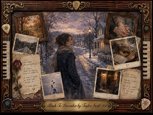 A solitary young woman looks back along a snowy small-town street at dusk, surrounded by faded Polaroids, handwritten notes, clasped hands, and an acoustic guitar. Cool blue and lavender winter tones contrast with warm amber lights. Painterly oil, acrylic, and watercolor textures create a wistful, nostalgic collage framed in ornate rosewood and gold.
