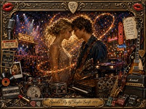 A richly textured romantic music scene shows a young couple leaning close amid swirling golden sparks, guitars, drums, records, amplifiers, and vintage concert memorabilia. Warm amber, red, and deep blue tones glow under theatrical lights, while an ornate gold frame and engraved title plate give the painterly composition a dramatic, nostalgic, celebratory atmosphere.