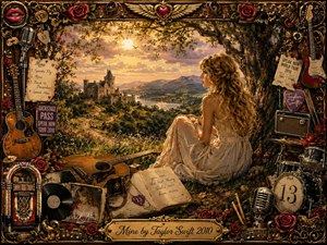 A blonde woman in a flowing cream dress sits beneath a tree, overlooking a glowing valley and distant castle at sunset. Warm gold, amber, green, and crimson tones create a romantic, nostalgic mood. The painterly scene is surrounded by an ornate music-themed frame filled with guitars, roses, records, microphones, tickets, and vintage memorabilia.