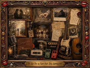 A richly layered vintage collage frames bittersweet memories of a couple through sepia photographs, handwritten notes, concert keepsakes, guitars, records, pedals, and a glowing microphone. Warm amber, brown, black, and muted red tones create nostalgic intimacy, while ornate gold detailing and soft cinematic lighting evoke love, distance, regret, and finality.