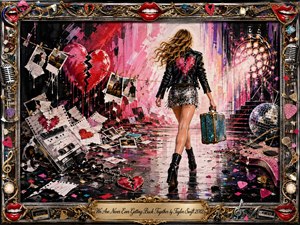 A confident woman strides away through a glittering, paint-splashed scene of broken hearts, scattered photographs, cassette tapes, and musical debris. Bold pinks, reds, blacks, and metallic golds create a rebellious, liberated mood. Dramatic stage lighting, reflective flooring, ornate framing, bright lips, guitars, and disco details give the artwork energetic mixed-media glamour.