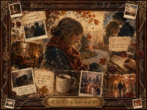 A wistful autumn memory collage centers on a contemplative woman wrapped in a deep red scarf beside a winding country road. Warm amber, rust, brown, and gold tones glow through painterly light. Vintage photographs, handwritten notes, roses, city scenes, and ornate musical framing create a tender, nostalgic atmosphere of love remembered and fading.