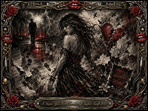 A windswept woman stands amid a storm of fractured memories, torn paper, crimson threads, and a shattered heart, while a shadowy figure retreats in the distance. Deep charcoal textures, black-and-white contrasts, and vivid red accents create a turbulent, regretful mood, framed by ornate chrome, gold, roses, chains, and musical details.