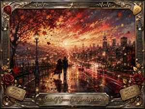 A couple walks through a rain-slicked city at sunset, surrounded by fiery autumn leaves, glowing traffic, and a dramatic skyline. Rich reds, golds, charcoal blues, and warm amber light create a romantic, cinematic mood. Expressive oil-paint textures, reflective pavement, roses, strings, stars, and ornate metallic framing add nostalgic musical elegance.