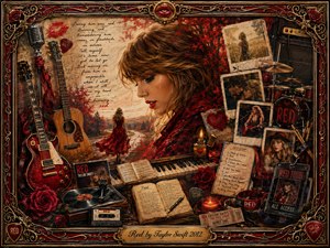 A richly detailed vintage collage surrounds a contemplative blonde woman in crimson, blending autumn roads, guitars, piano keys, records, roses, concert memorabilia, and faded photographs. Warm red, gold, black, and sepia tones glow beneath candlelike lighting. An ornate metallic frame and engraved title plate complete the nostalgic, romantic composition.